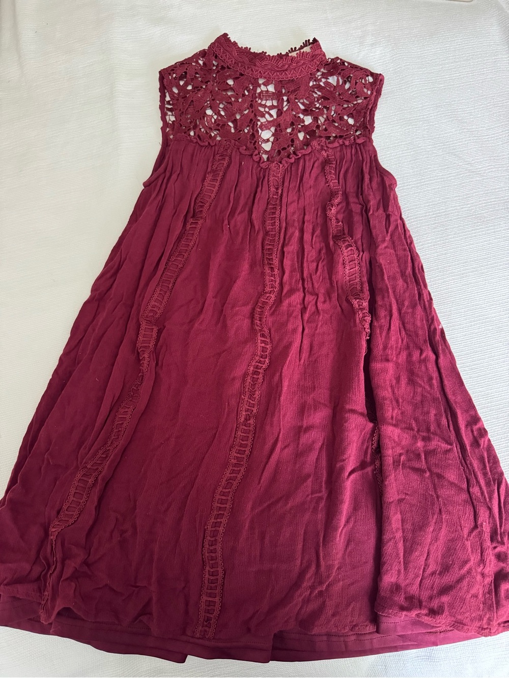 Altar’d State Sleeveless Crochet Yoke Sundress in Deep Berry Highneck